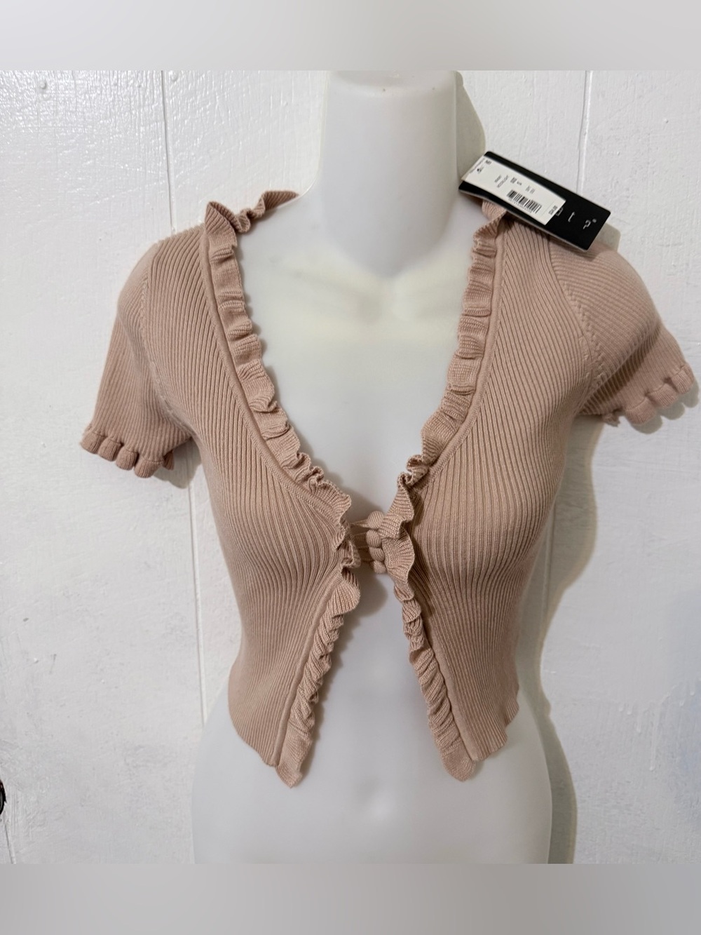 Say What? Taupe Ruffle Tie-Front Ribbed Crop Top - Picture 10 of 12